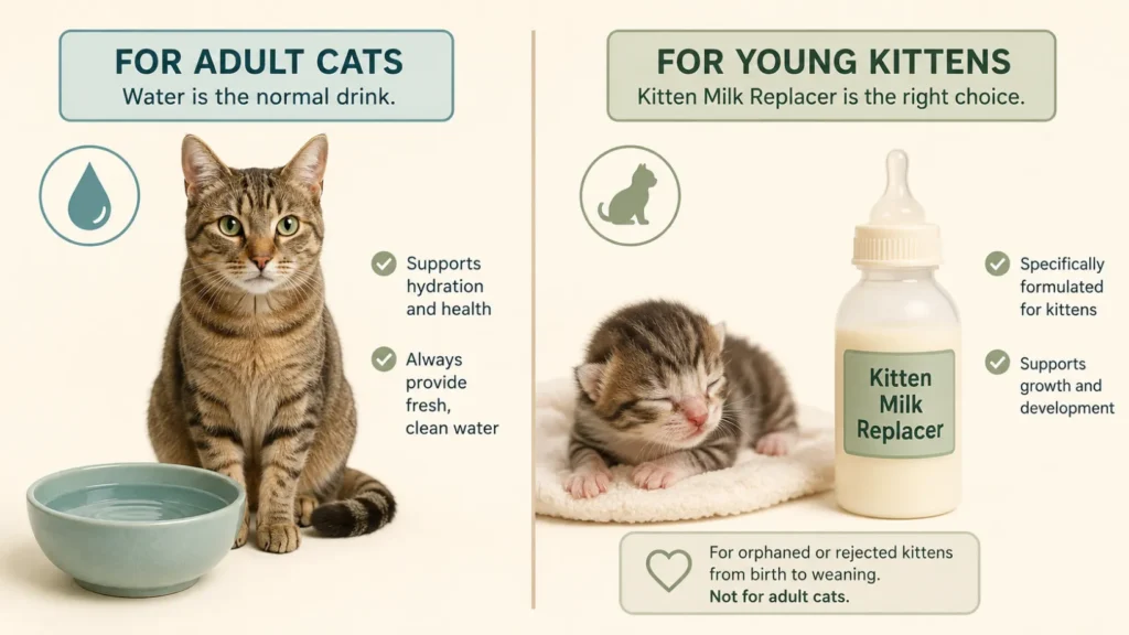 Infographic comparing fresh water, cow milk, goat milk, commercial cat milk and kitten milk replacer, showing fresh water as the normal drink for adult cats and kitten milk replacer for unweaned kittens when needed.