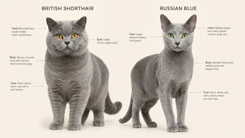 Breed comparison showing a stocky British Shorthair with a round face, plush blue-gray coat and copper eyes beside a slender Russian Blue with a wedge-shaped face, silver-blue coat and green eyes.