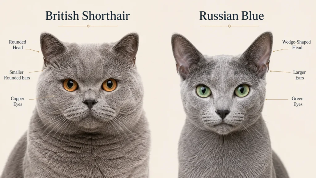 Close-up comparison of British Shorthair and Russian Blue facial features, highlighting the British Shorthair’s rounded head, smaller ears and copper eyes versus the Russian Blue’s wedge-shaped head, larger ears and green eyes.