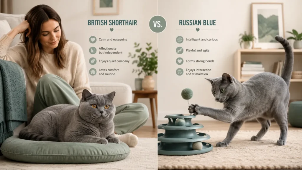 Home lifestyle comparison showing a British Shorthair resting calmly near its owner and a Russian Blue actively playing with an interactive toy.