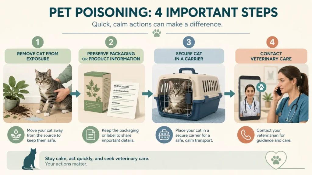 Veterinary emergency infographic showing four steps after possible cat poisoning: remove the cat from exposure, keep packaging or product information, place the cat in a secure carrier, and contact veterinary care.