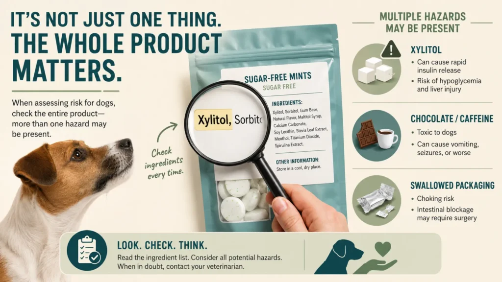 Educational infographic showing a sugar-free product ingredient label being checked for xylitol along with other potential hazards such as chocolate, caffeine and swallowed packaging, emphasizing that the whole product matters.