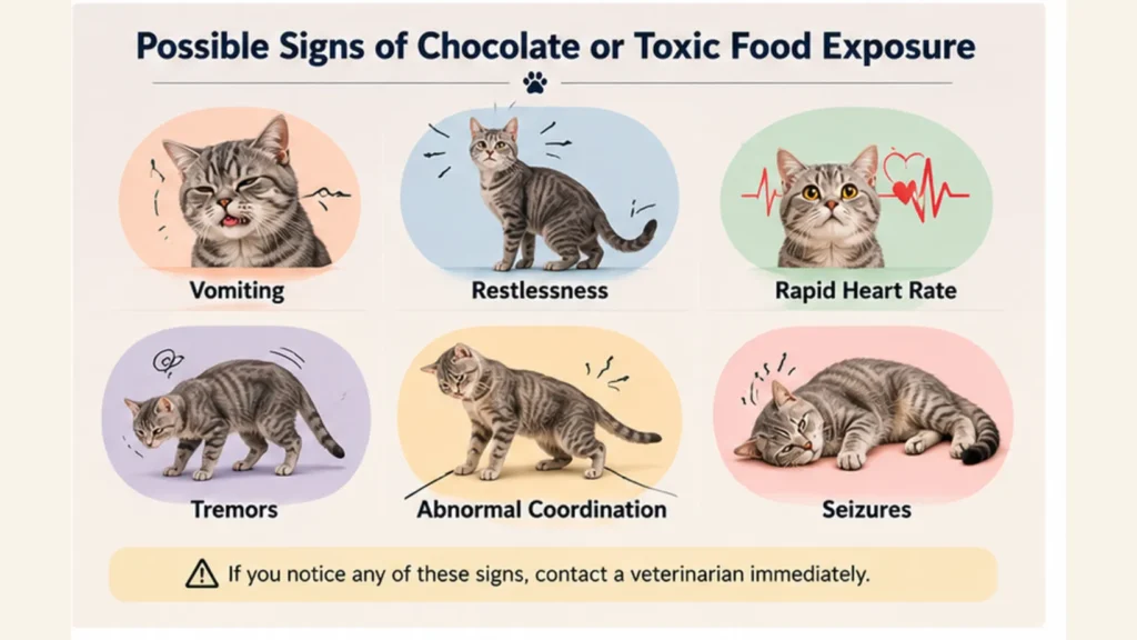 Veterinary infographic showing possible signs of toxic food exposure in cats, including vomiting, restlessness, rapid heart rate, tremors, abnormal coordination and seizures.
