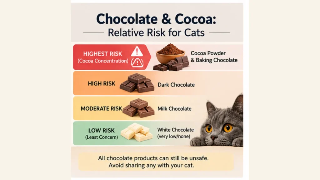 Infographic ranking cocoa powder and baking chocolate as highest in methylxanthines, followed by dark chocolate, milk chocolate and white chocolate at the lowest level.