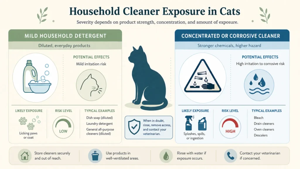 Comparison infographic showing mild household detergent exposure versus concentrated or corrosive cleaner exposure in cats, using irritation and corrosive hazard icons without graphic injury imagery.