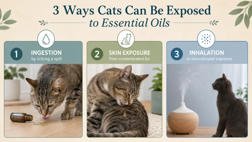 Visual guide showing possible signs of essential oil exposure in cats, including drooling, vomiting, weakness, unsteady walking, tremors, coughing and breathing difficulty.