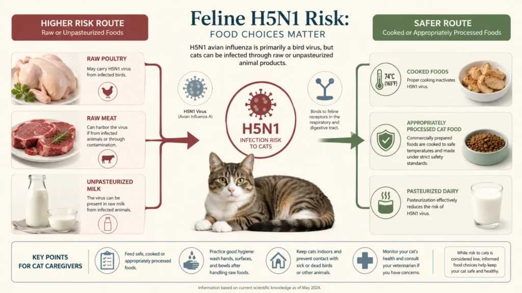 Educational infographic showing raw poultry, raw meat and unpasteurized milk as potential H5N1 exposure routes for cats, contrasted with cooked or appropriately processed foods as the safer option.