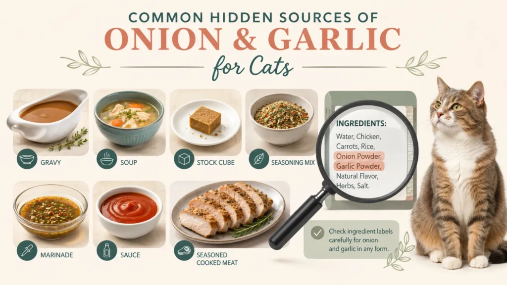 Educational illustration showing common hidden sources of onion and garlic for cats, including gravy, soup, stock cubes, seasoning mix, marinade, sauce and seasoned cooked meat, with a magnifying glass highlighting ingredient labels.