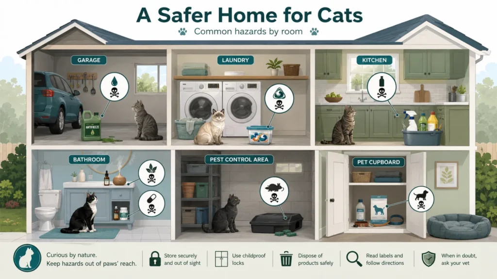 Cutaway home infographic showing common cat hazards by room, including antifreeze in the garage, detergent pods in the laundry, cleaners in the kitchen, essential oils and medicines in the bathroom, rodenticide in a pest-control area, and dog flea treatment in a pet cupboard.