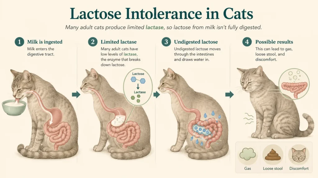 Educational diagram showing how limited lactase in many adult cats can leave milk lactose undigested, leading to gas, loose stool and digestive discomfort.