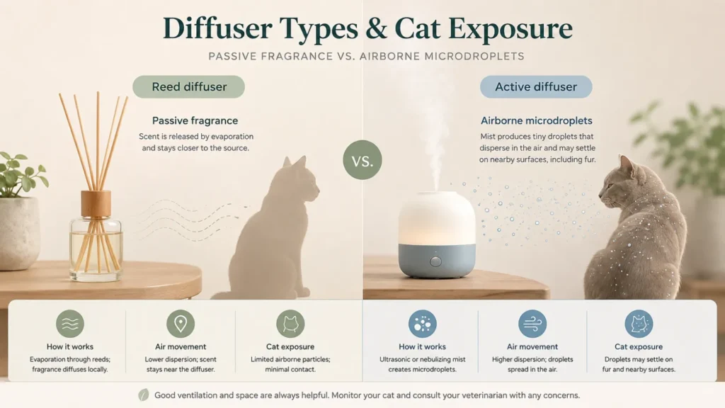 Comparison infographic showing a passive reed diffuser and an active ultrasonic diffuser, highlighting local fragrance evaporation versus airborne microdroplets that may settle on a cat’s fur.