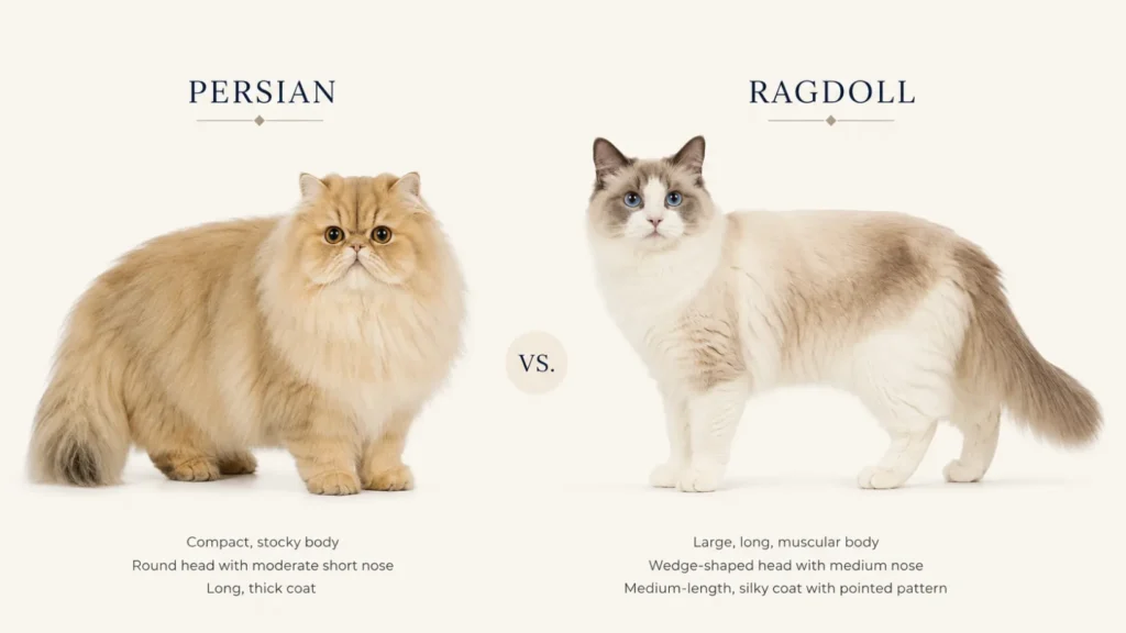 Full-body comparison of a compact, long-haired Persian cat with a round face and shorter nose beside a larger Ragdoll with a longer body, pointed coat pattern and blue eyes.