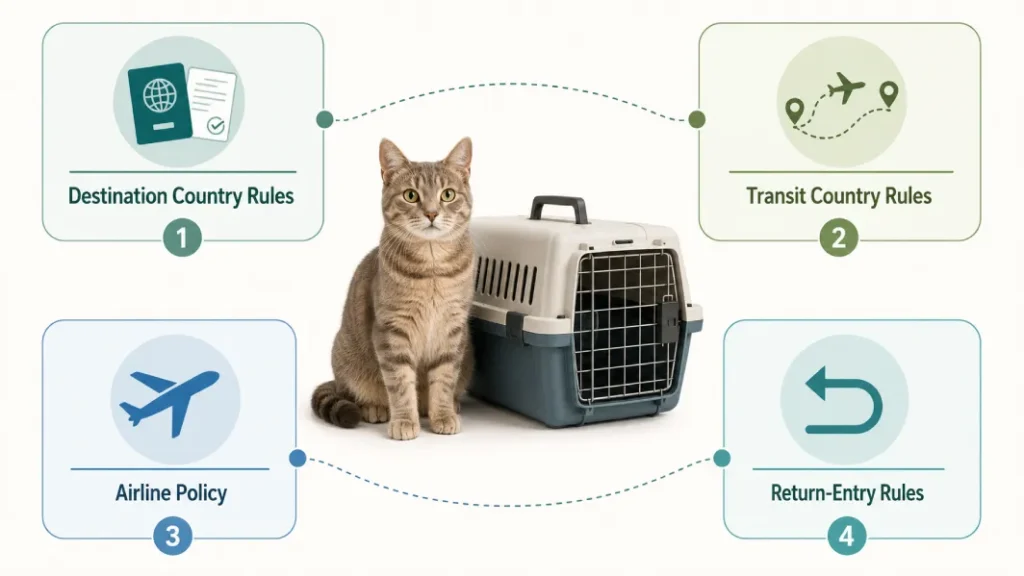 Planning destination, transit, airline and return-entry rules for flying with a cat