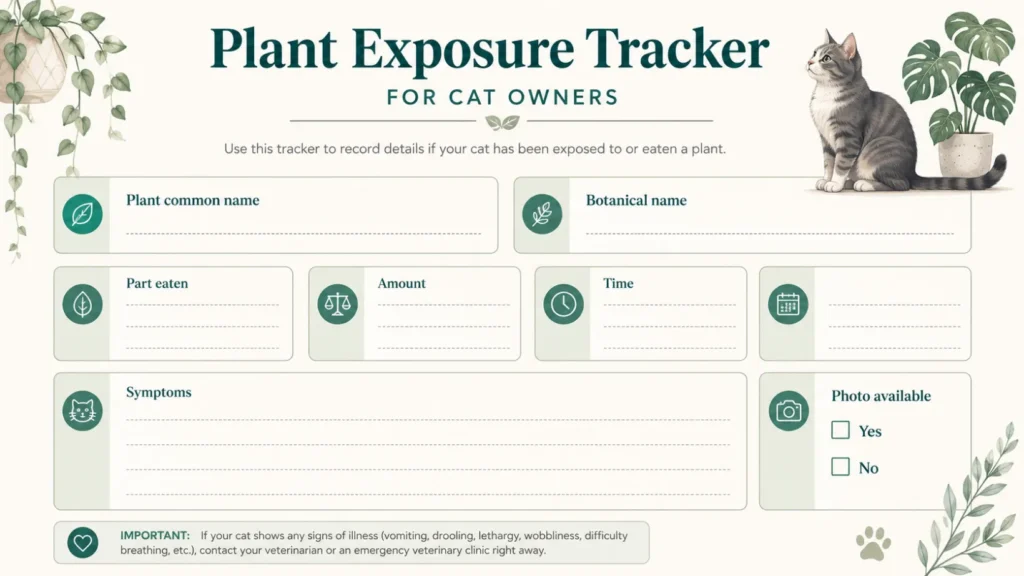 Printable plant exposure tracker for cat owners with fields for common plant name, botanical name, part eaten, amount, time, symptoms, and whether a plant photo is available.