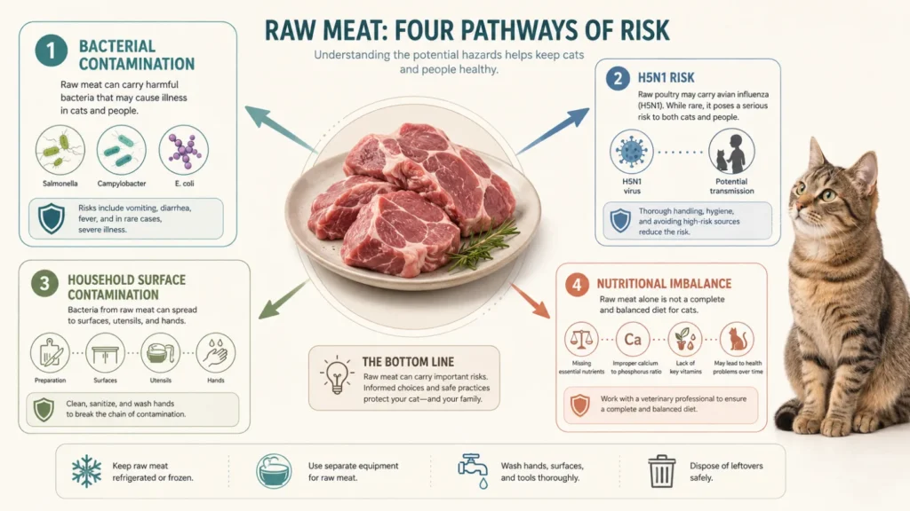 Veterinary food-safety infographic showing raw meat linked to bacterial contamination, H5N1 risk, household surface contamination and possible nutritional imbalance, with a calm cat and simple microorganism icons.
