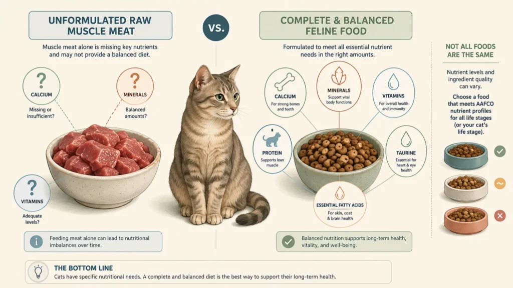 Comparison infographic showing unformulated raw muscle meat with uncertain calcium, mineral and vitamin balance versus complete and balanced feline food with essential nutrient icons.