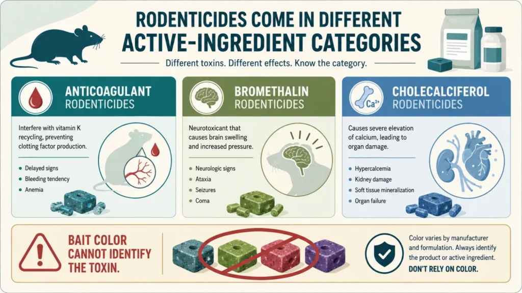 Infographic comparing anticoagulant, bromethalin and cholecalciferol rodenticides, showing bleeding, neurologic and calcium-related organ risks and explaining that bait color cannot identify the toxin.