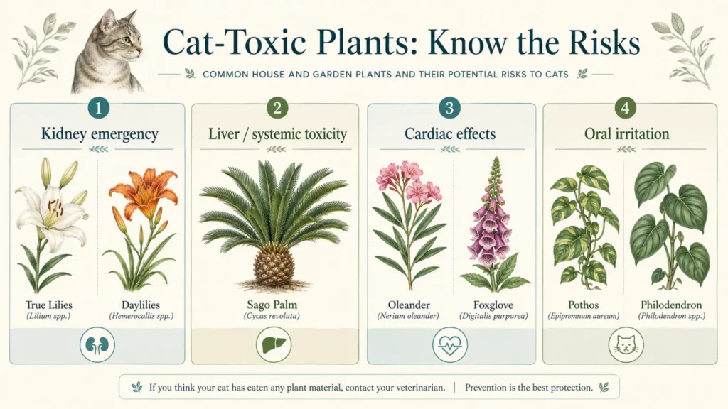 Veterinary infographic grouping cat-toxic plants by risk type, including true lilies and daylilies for kidney emergencies, sago palm for liver and systemic toxicity, oleander and foxglove for cardiac effects, and pothos and philodendron for oral irritation.
