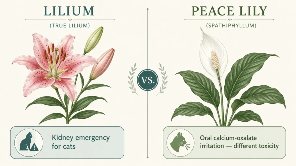 Comparison infographic showing a true Lilium flower as a kidney emergency risk for cats and a peace lily as a different toxicity that causes oral calcium-oxalate irritation.