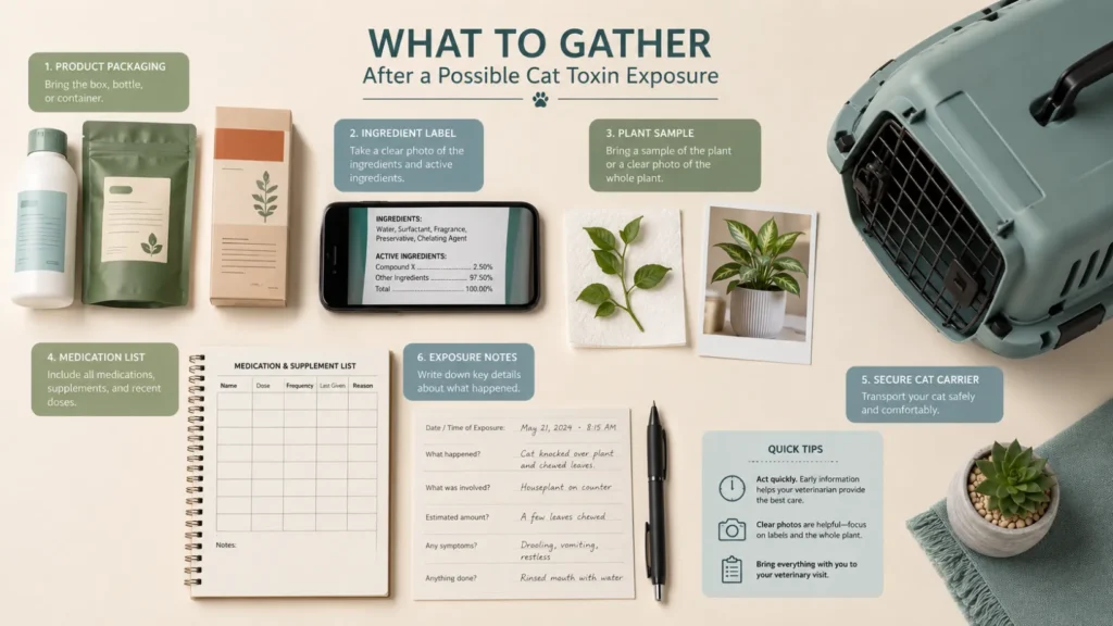 Flat-lay illustration showing items to gather after a possible cat toxin exposure, including product packaging, an ingredient label photo, plant sample or photo, medication list, secure carrier, and written exposure notes.