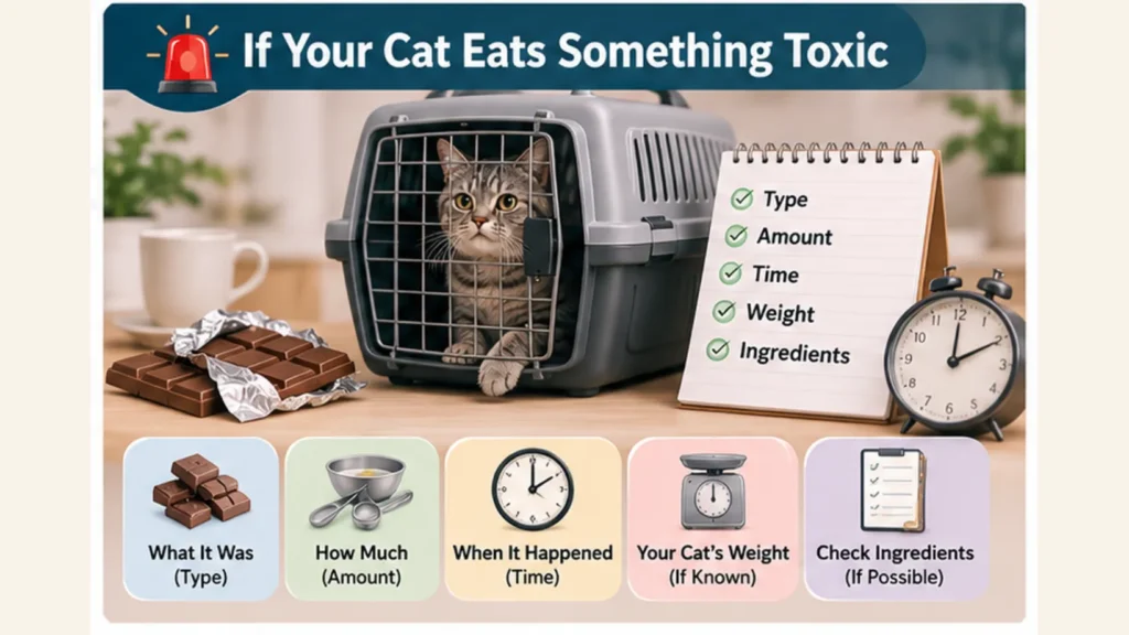 Emergency checklist showing the key information to gather after a cat eats something potentially toxic, including the food type, amount eaten, time of exposure, cat weight and ingredient list.