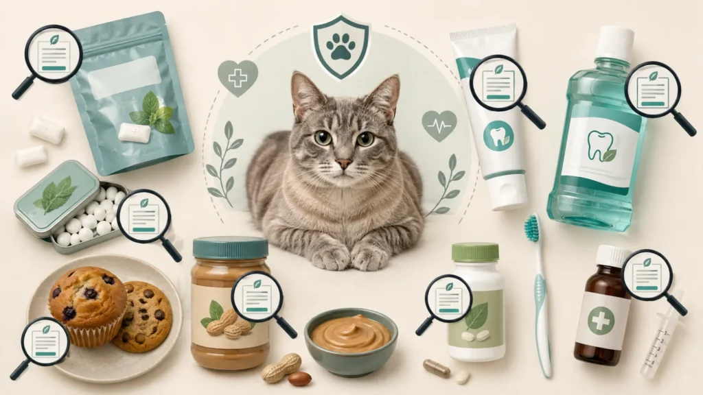 Flat-lay illustration of common products that may contain xylitol, including sugar-free gum, mints, toothpaste, mouthwash, baked goods, nut butter, vitamins and liquid medication, with ingredient-label check icons around a calm cat.