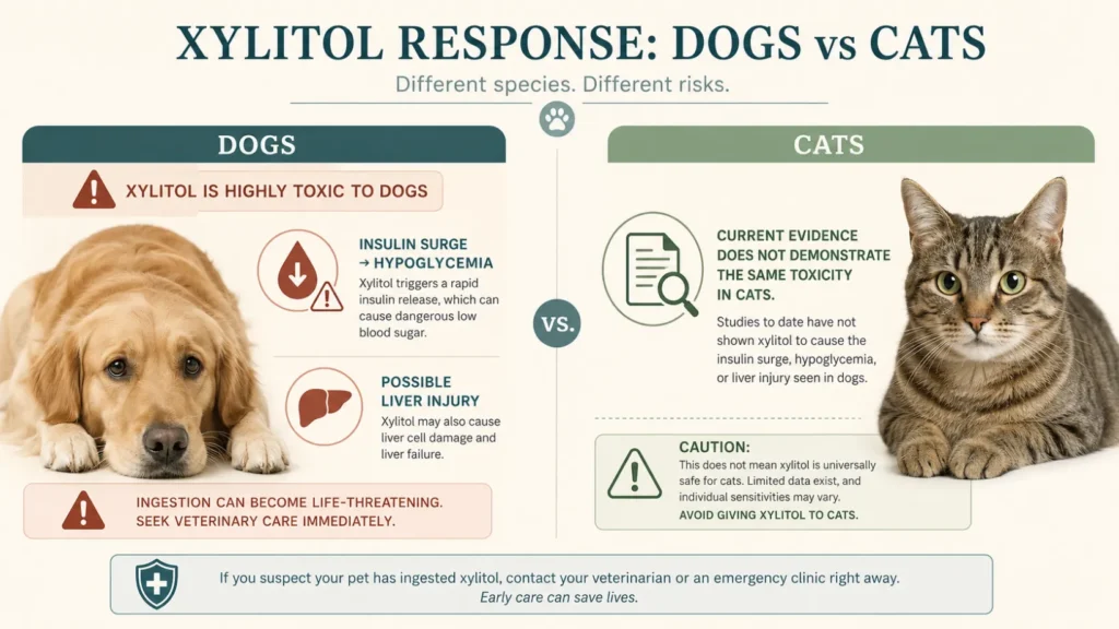 Veterinary infographic comparing xylitol effects in dogs and cats, showing hypoglycemia and possible liver injury in dogs and noting that current evidence does not demonstrate the same toxicity in cats.