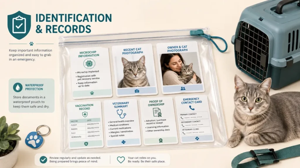 Cat emergency records including microchip details, veterinary documents and recent photographs