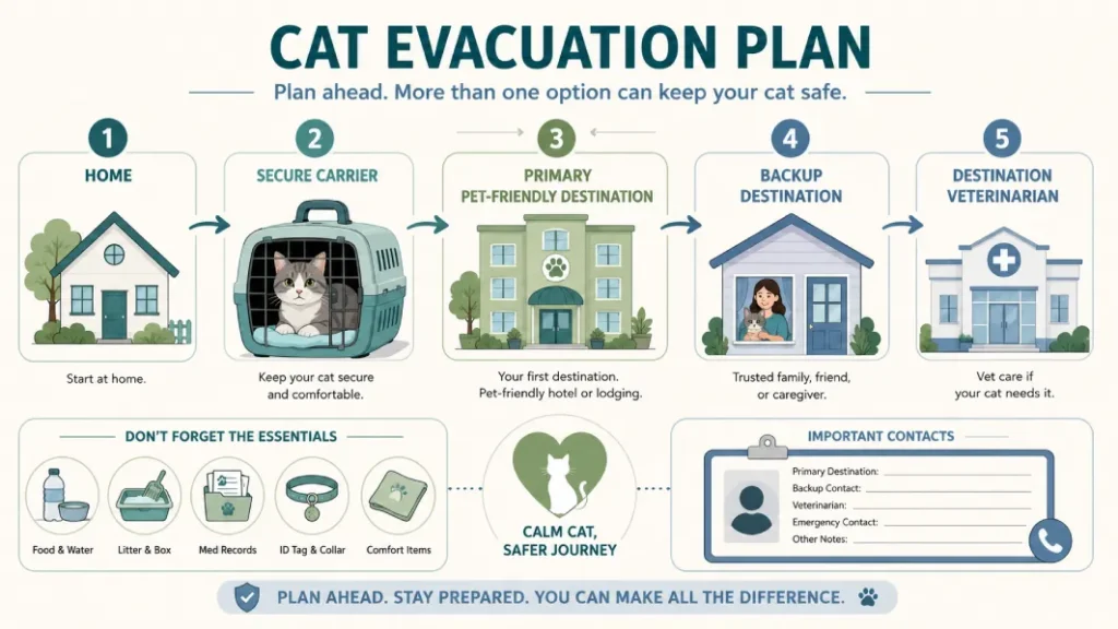 Cat evacuation plan showing carrier, pet-friendly destination, backup location and veterinarian