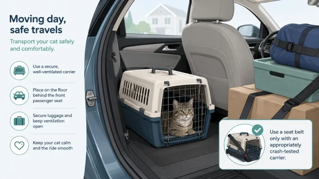 Secure cat carrier positioned on the vehicle floor during a house move