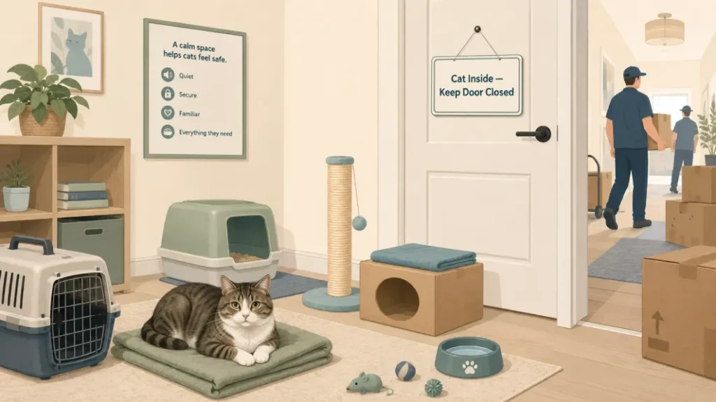 Safe room prepared for a cat while movers work elsewhere in the house