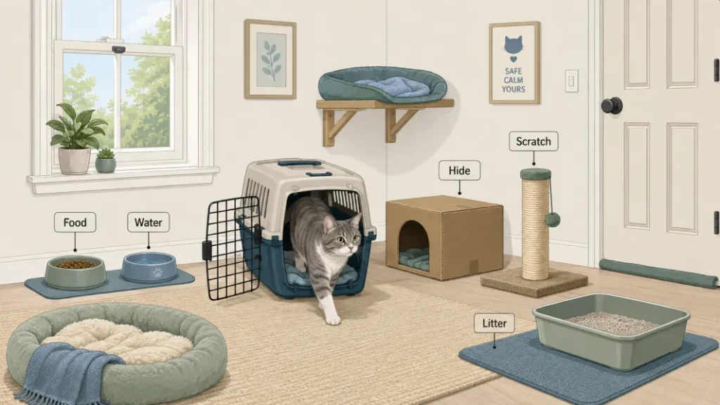 New home safe room with food, water, litter, carrier and familiar bedding for a cat